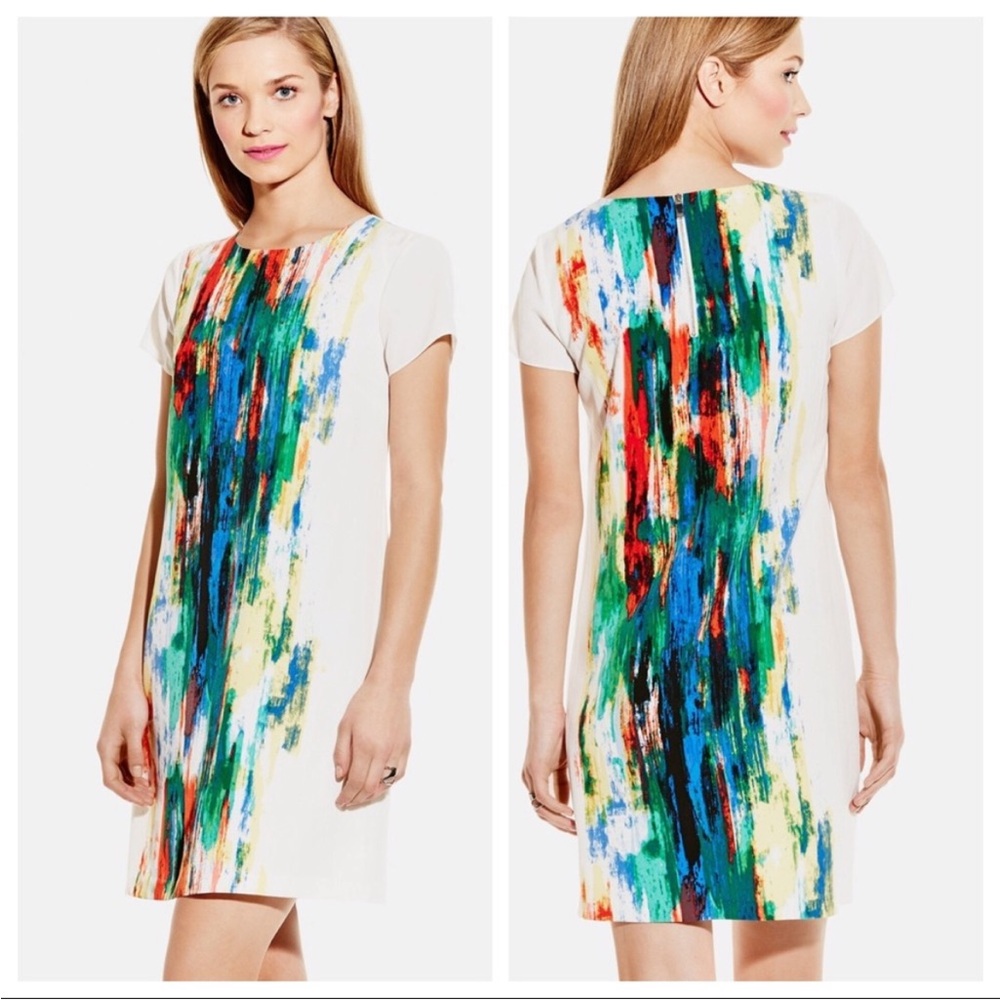 White Shift Dress with Multicolor Brushstroke Print